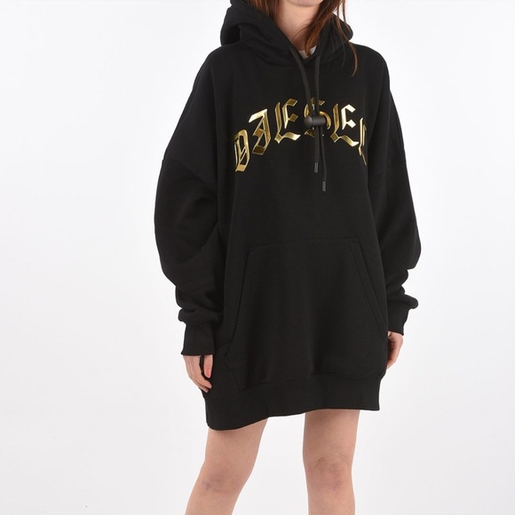DIESEL Hooded  D-OXI-A1 Sweater Dress Size Small  Black With Bold Gold Logo NWT! - Picture 1 of 14